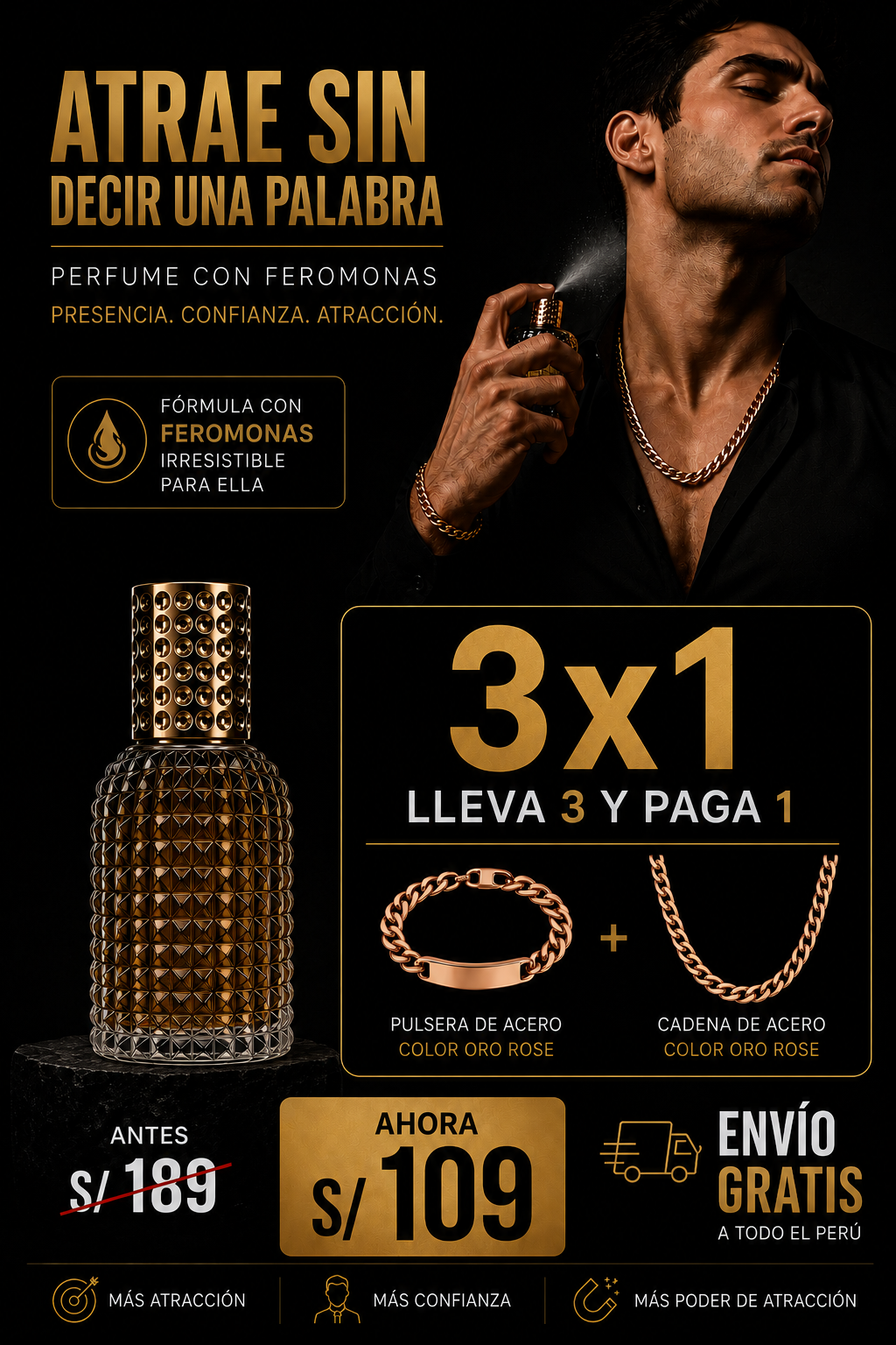 PERFUME CON FEROMONAS 3x1 (Perfume, cadena y pulsera)