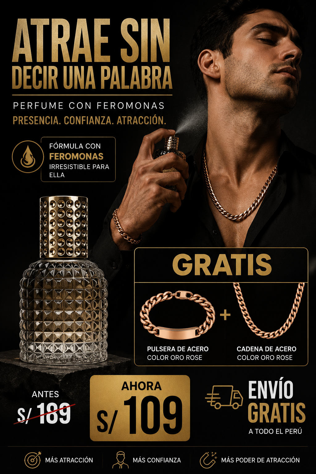 PERFUME CON FEROMONAS + REGALOS (Cadena y pulsera de acero oro rose)