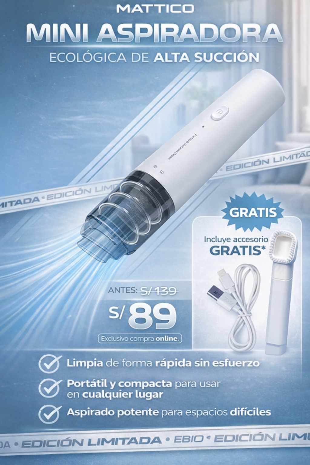 Mini aspiradora ecológica de alta succión