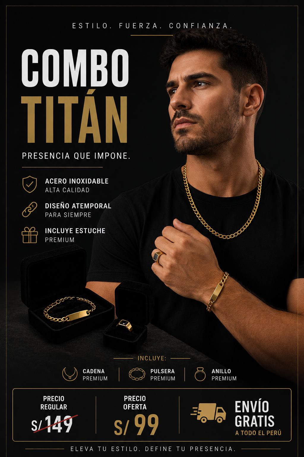 Combo TITÁN (Acero inoxidable bañado en Oro 18k)