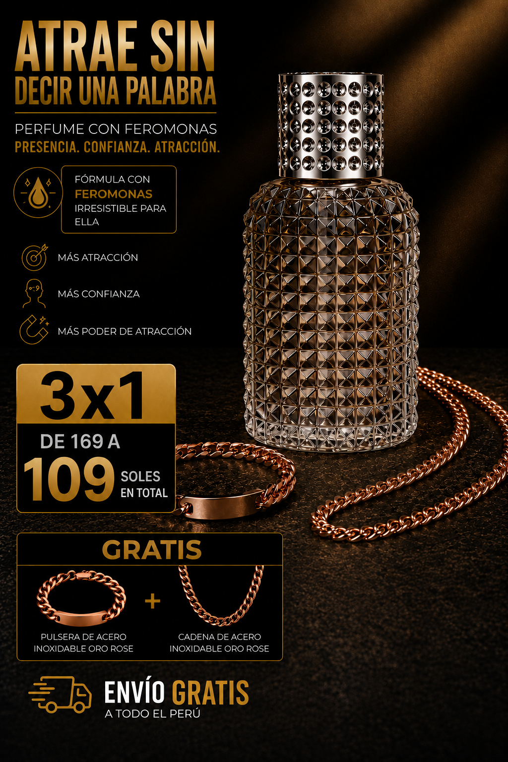 PERFUME CON FEROMONAS + REGALO Cadena y pulsera